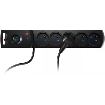 Getfort 5P 5 m sort USB-overspændingsbeskyttet stikdåse