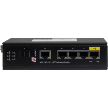 GETFORT GF-110-4PG-1G-1S Industriel PoE+-switch, 4x PoE+ 10/100/1000Base-T + 1x 10/100/1000Base-T + 1x 1000Base-X SFP, -40°C til 80°C, DIN-skinne, 65W PoE-budget