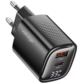 Voltage GaN Charger Mini 33W PD 3.0 QC 3.0 USB-A USB-C Digital Display sort