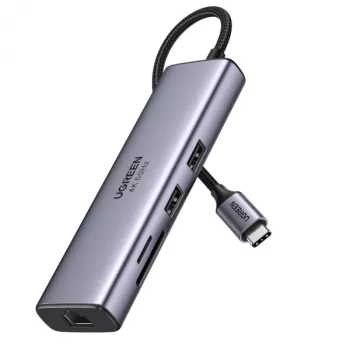 UGREEN 60515 7-i-1 USB-C-hub, 4K 60Hz HDMI, Ethernet, 100 W PD, grå