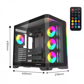 Rampage LYRON Mid Tower Gaming PC-kabinet, 7x ARGB PWM ventilatorer, Tempered Glass, sort