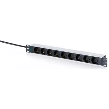DIGITUS 9-vejs Schuko-stikdåse med aluminiumsprofil, 1U rackmontering, 2m kabel, 16A, 3680W, sort/sølv