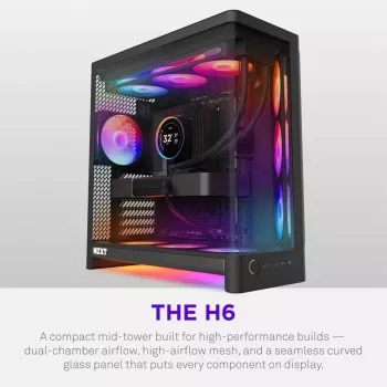 NZXT H6 RGB+ 2026 mid-tower airflow gaming-kabinet sort hærdet glas