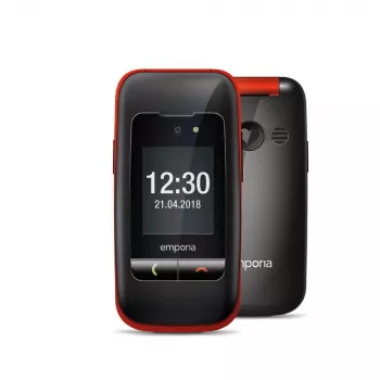Emporia ONE V200i sort/rød (2025) – seniorvenlig mobiltelefon med SOS-knap, ladestation og store belyste taster