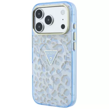 GUESS IML Leopard Glitter Triangle Logo MagSafe-cover til iPhone 18 Pro / 17 Pro, blå