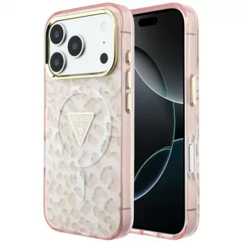 GUESS IML Leopard Glitter Triangle Logo MagSafe-cover til iPhone 18 Pro Max / 17 Pro Max - pink