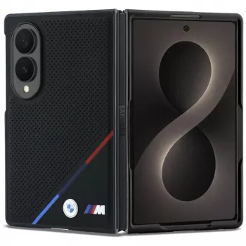 BMW M læder perforeret trikolore-stribe metallogoer MagSafe-cover til Samsung Galaxy Z Fold8 – sort