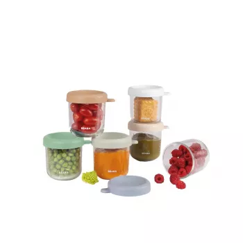 Beaba glas-babymadglas-sæt med lufttætte låg, 6 x 250 ml, naturfarve-mix