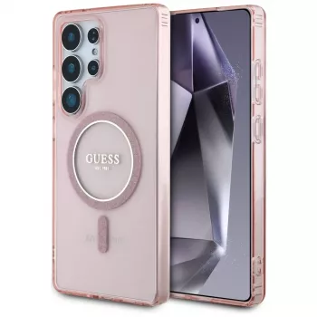 GUESS Glitter Circle Classic Logo MagSafe-etui til Samsung Galaxy S25 Ultra - pink