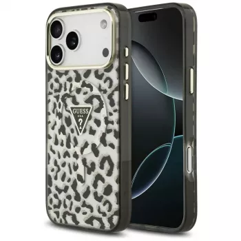 GUESS IML Leopard Glitter Triangle Logo MagSafe-cover til iPhone 18 Pro Max / 17 Pro Max - sort