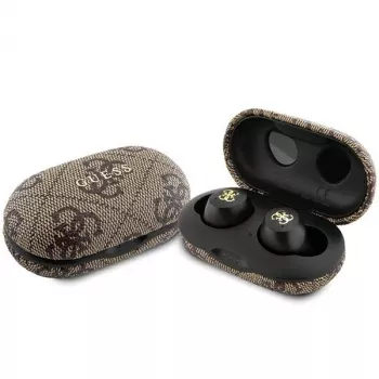 Guess GUTWSP4EGW True Wireless-høretelefoner med opladningsetui, Bluetooth 5.3, ENC, brun 4G Metal