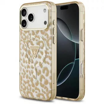 GUESS IML Leopard Glitter Triangle Logo MagSafe-cover til iPhone 18 Pro Max / 17 Pro Max - brun