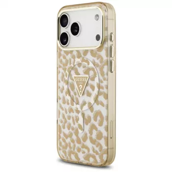 GUESS IML Leopard Glitter Triangle Logo MagSafe-cover til iPhone 18 Pro Max / 17 Pro Max - brun