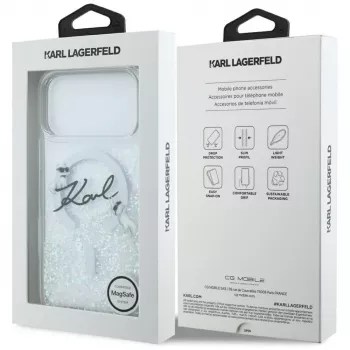 Karl Lagerfeld Liquid Glitter Karl Script Logo MagSafe-cover til iPhone 17 Pro Max, transparent