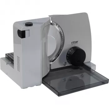Ritter Compact 7 Electric All-purpose Food Slicer with 65 W Eco Motor, Serrated Stainless Steel Blade, 0-20 mm Cutting Thickness, Foldable Design, Suction Feet, Black/Silver