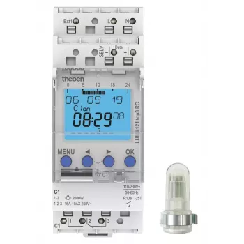 THEBEN LUNA 121 top3 RC AL digital skumringskontakt med overflademonteret lyssensor, 1-kanal, 1–99 000 lx, 230 V AC, DIN-skinne, IP20/IP55