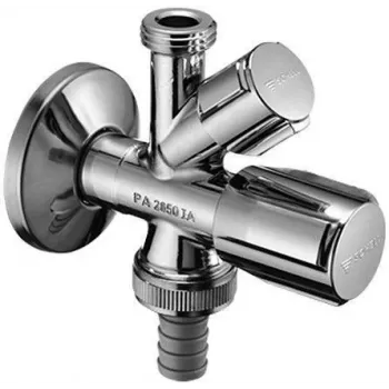 VALVE hjørneventil 1/2 inch x 1/2 inch x 3/4 inch udvendigt gevind, forkromet messing, dobbeltudløb med kontraventil