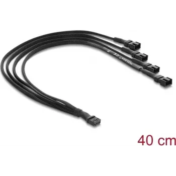 Delock Fan Cable Splitter 1 x 4 Pin PWM-bøsning til stik + 3 x 4 Pin-stik (3 pins belegt) med kabelkappe 40 cm sort
