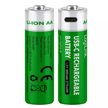 LogiLink LR6RCB2 USB-C Rechargeable AA Lithium-Ion Batteries, 2-Pack, 1.5V Constant Output, 2600 mWh