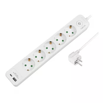 LogiLink LPS280U stikdåse, 5 AC-stikdåser, 2 USB-porte (USB-A & USB-C), 17W, hvid