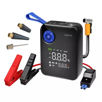 LogiLink PA0358 4-i-1 bilstarthjælp powerbank med luftkompressor, 7200 mAh, 200A startstrøm, LED-lommelygte