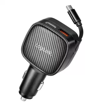 LogiLink USB-billader, 3 porte inkl. indtrækkeligt USB-C-kabel, 60W, PD, QC, sort