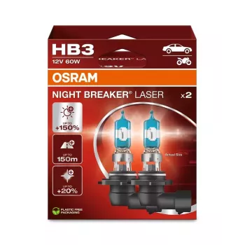 OSRAM Night Breaker Laser HB3 12V 60W P20d halogenlampe, dobbeltpak, op til 150% lysere, 150m længere lyskegle, 20% hvidere lys