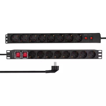 LogiLink PDU1601 19 inch 1U rackmonteret strømfordelingsenhed, 16 Schuko-stikdåser, overspændingsbeskyttelse, 16A, 2 m kabel, sort