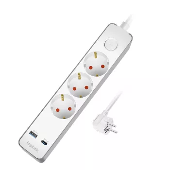 LogiLink LPS287U stikdåse med 3 sikkerhedsstikdåser, USB-A & USB-C PD 20W, vippekontakt, 1,5 m kabel, hvid