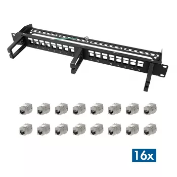 LOGILINK Modulært 16-port Cat.6A Keystone patchpanel, 19/1U, med 3 kabelringe, sort