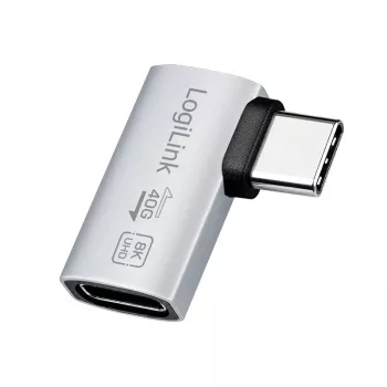 LogiLink USB4 Type-C 90° adapter, C/M til C/F, 40 Gbit/s, 240W, 8K/60Hz, aluminium, sølv