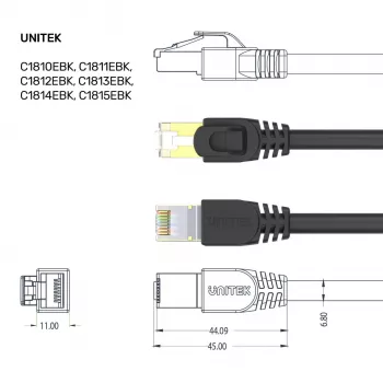 UNITEK Cat.7 S/FTP 2.0m Ethernet Patch Cable, 10Gbps, 600MHz, Gold-Plated RJ45, Black
