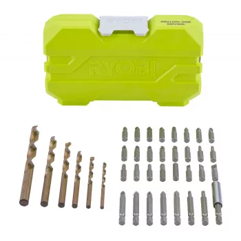 Ryobi RAK38SDD 38-delt bore- og skruetrækkerbitsæt med 24 x 25mm skruetrækkerbits, HSS- og stenborbits, topholdere, magnetisk holder og kuffert