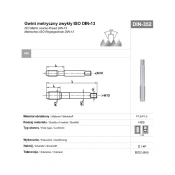TAP M24 NGMM/1 DIN-352D (6H) HSS Metric Coarse Hand Tap, M24 x 3 mm, 4 Flutes, Right-Hand, Bright Finish