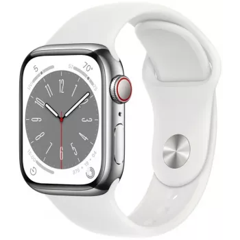 Apple Watch Series 8 GPS + Cellular 41 mm ruststålkasse med sportrem, sølv/hvid (MNJ53EL/A)