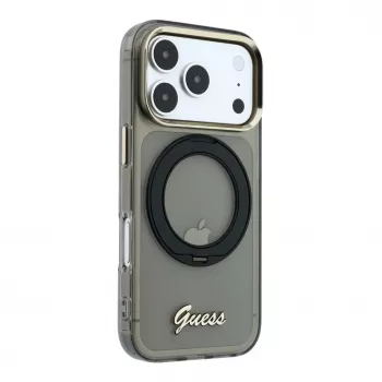 Guess IML Ring Stand 360 Script Metal Logo MagSafe-cover til iPhone 17 Pro / 18 Pro - sort