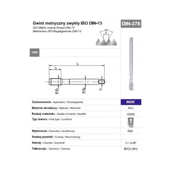 M12 Machine Tap DIN 376 C 6H HSSE-Co5 for Stainless Steel, Spiral Flute 40°