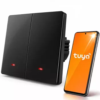 Qoltec 52708 Smart Wi-Fi 2-Channel Light Switch with Timer, Tuya Smart Life, Black
