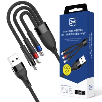 3mk Hyper Cable N-SERIES 3-i-1 USB-A til USB-C/Lightning/MicroUSB 1,2 m 9V/2A 18W sort