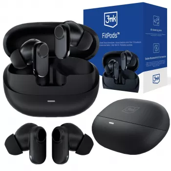 3mk FitPods BT 6.0 True Wireless Stereo-høretelefoner med opladningsetui, Bluetooth 6.0, berøringsstyring, IPX4, sort