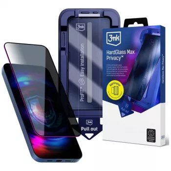 3MK HardGlass MaxPrivacy privacy-skærmbeskyttelse med applikator til Apple iPhone 13 / 13 Pro / 14 / 16e / 17e, hærdet glas, 9H, sort ramme