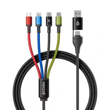 Accura 8-i-1 multiopladningskabel USB-A/USB-C til 2x USB-C, Lightning, Micro USB, 3.0A, 1,2 m, sort