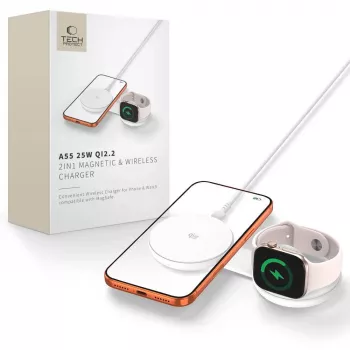 TECH-PROTECT A55 2-i-1 Magnetisk MagSafe-lader 25W Qi2.2 hvid