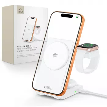 TECH-PROTECT A56 3-i-1 Magnetisk MagSafe trådløs lader 25W Qi2.2 hvid