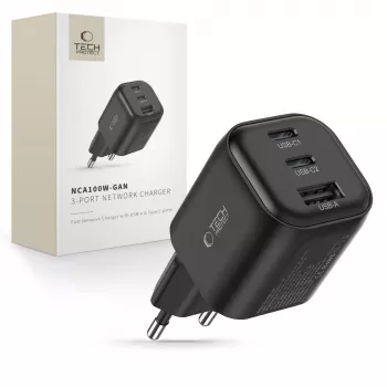 TECH-PROTECT NCA100W-GaN 3-port GaN-strømforsyning 100W PD 3.2 / QC3.0 sort