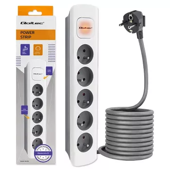 Qoltec 5-Way Power Strip with Switch, 1.8m Cable, White-Grey