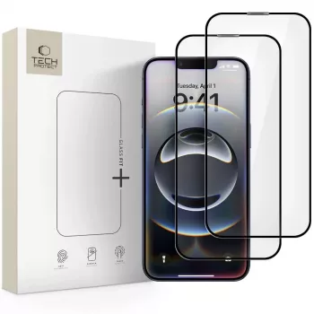 Tech-Protect Glass Fit+ panserglas skærmbeskyttelse til Apple iPhone 13/13 Pro/14/16e/17e, sort ramme, 2-pak