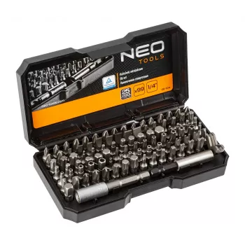 NEO TOOLS 99-delt skruetrækker-bit-sæt med håndtag, S2-stål, 1/4 inch sekskant, kærv, Phillips, Pozidriv, Torx, sikkerheds-Torx, sekskant, sikkerheds-sekskant, firkant, spanner, Tri-Wing, Torq-Set, Clutch, magnetisk bit-holder, adapter, vel