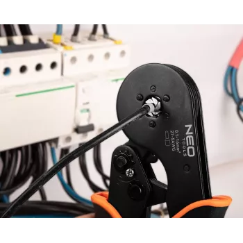Automatisk skralde-crimptang til kabelendemuffer 0,25-16 mm² (AWG 23-5), firkantcrimp, 210 mm, ergonomisk to-komponent-greb, sort/orange