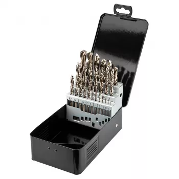 NEO TOOLS 25-delt HSS-Co kobolt metalbor-sæt, 1,0–13,0 mm, fuldslebet, 135° spidsvinkel, DIN 338, metalæske